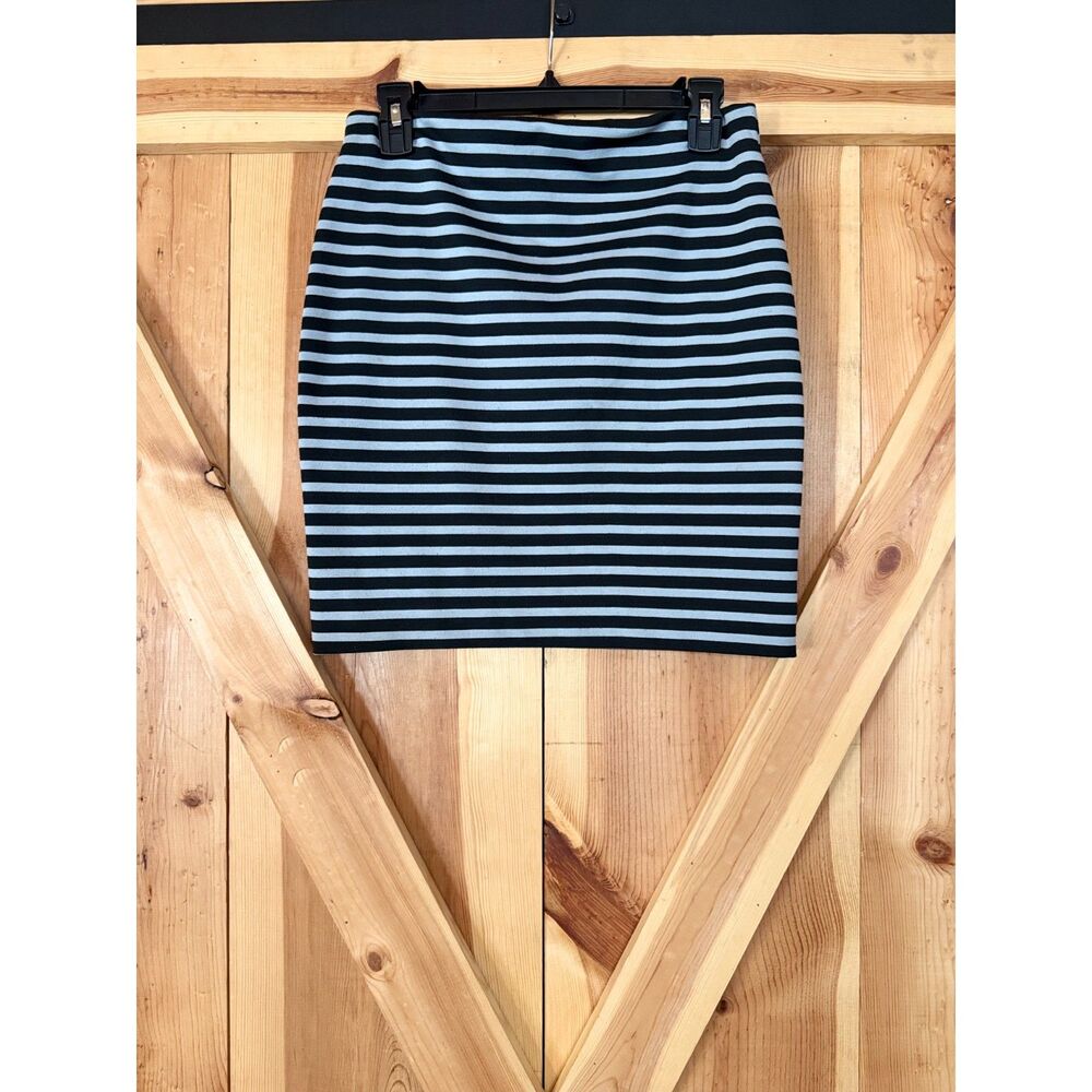 Ann Taylor LOFT Women XS Black Gray Striped Stretch Pull On Pencil Skirt Elastic